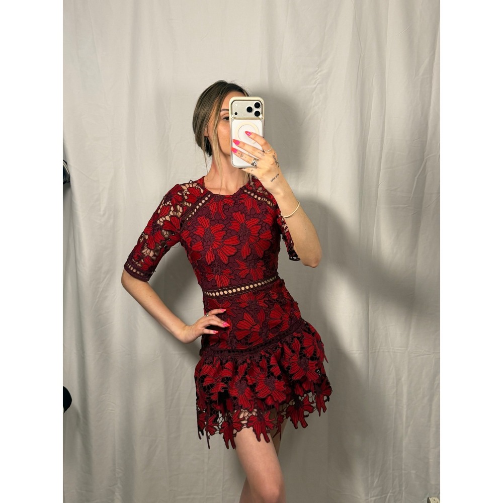 Just Me Floral Lace Mini Dress Womens XS Burgundy Red Excellent Tiered Ruffle - Picture 2 of 9